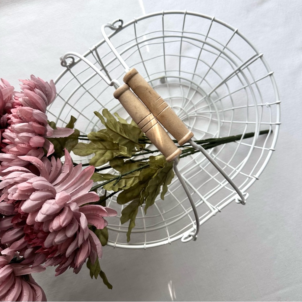 White Wire Basket with Wooden Handles